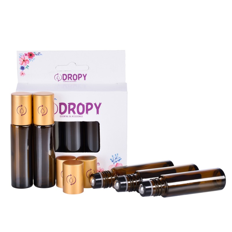 DROPY® set 5 sticlute roll on 10 ml , sticla groasa maro DO